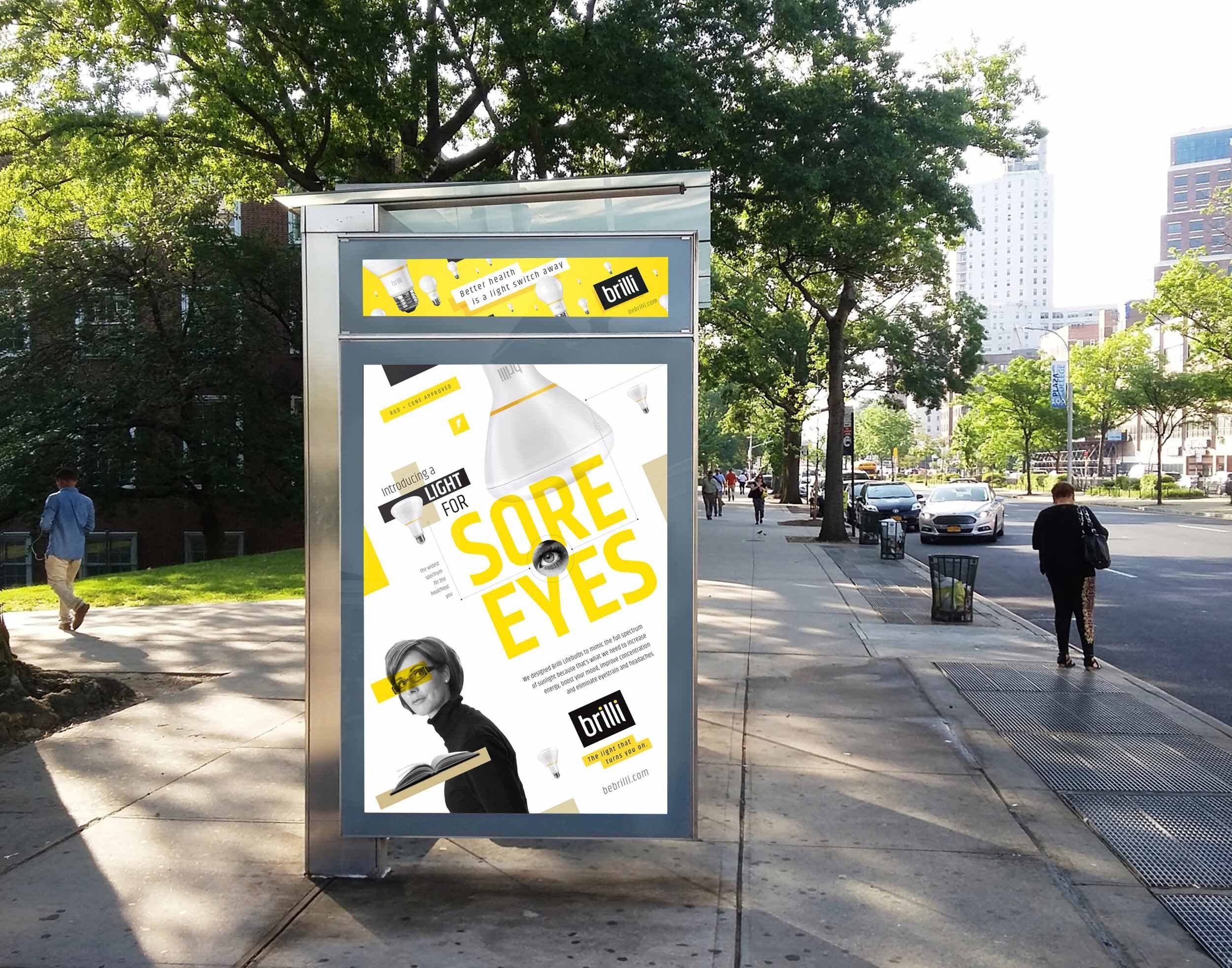 Bus stop advertisement for Brilli light bulbs, showing a woman wearing glasses, a large light bulb illustration, and text about sore eyes.