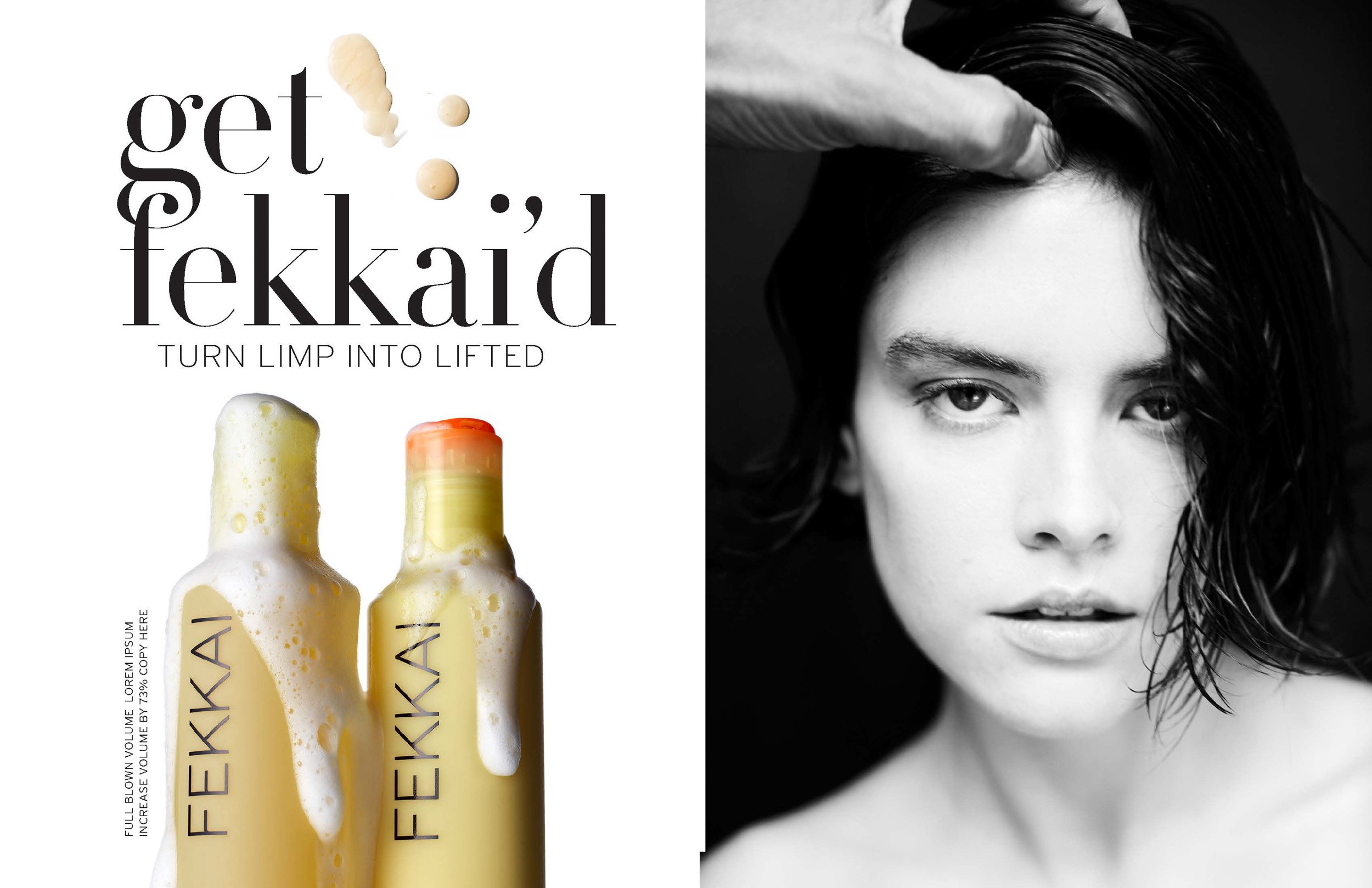 Advertisement for Fekkai hair products, showing shampoo bottles with foam, and a black-and-white portrait of a woman with wet, dark hair being styled.
