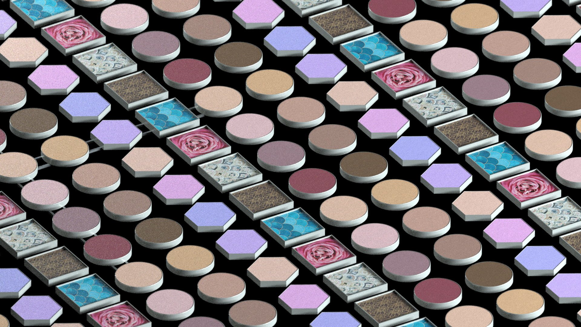 A close-up view of a colorful mosaic composed of various shapes and patterns including circles, squares, hexagons, and rectangles in shades of pink, purple, brown, beige, blue, and gold, set against a black background.