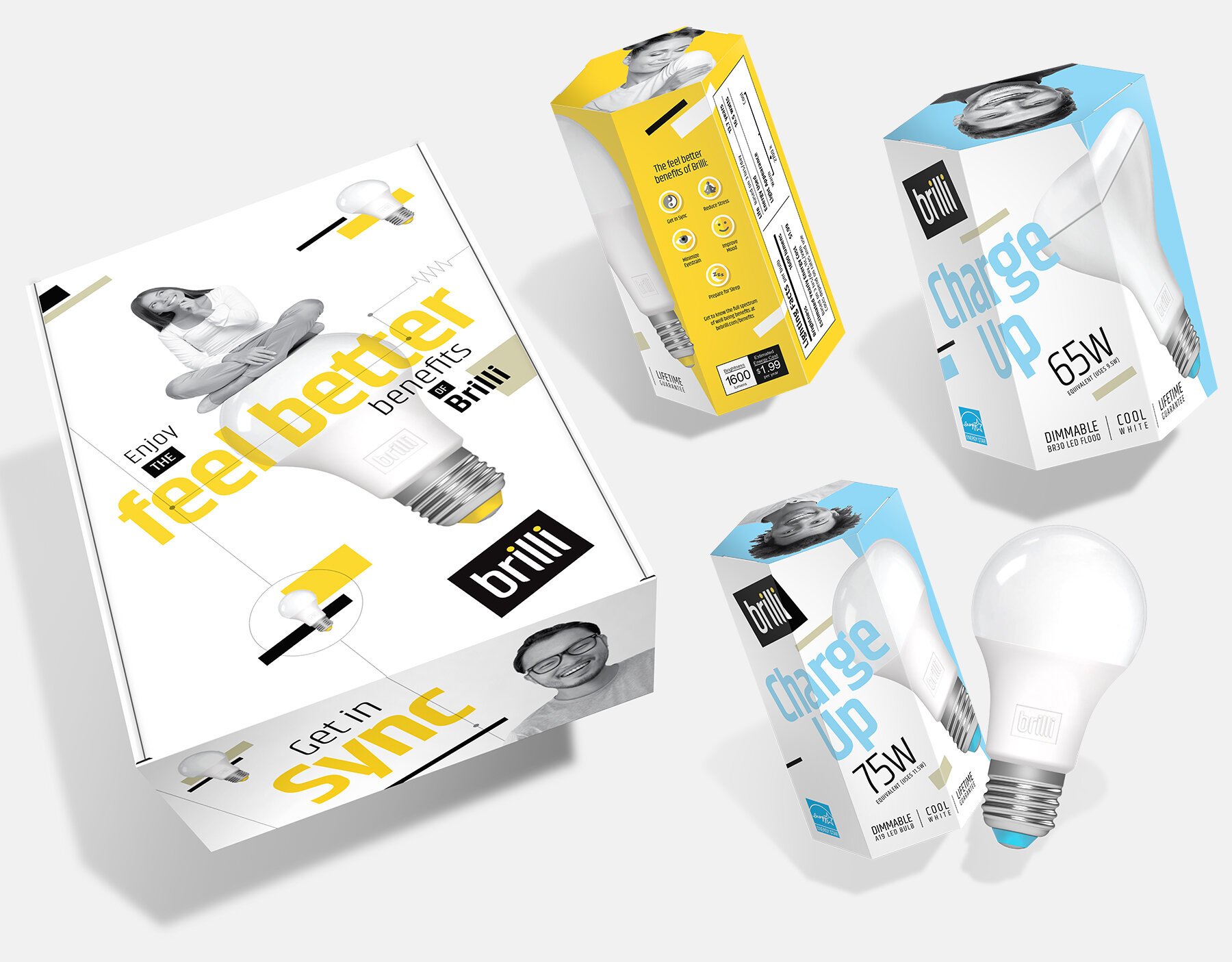 Smart light bulbs and packaging from Brilli, featuring various wattages and color temperatures, with one bulb outside of the boxes and the boxes labeled charge up and featuring images of smiling people.