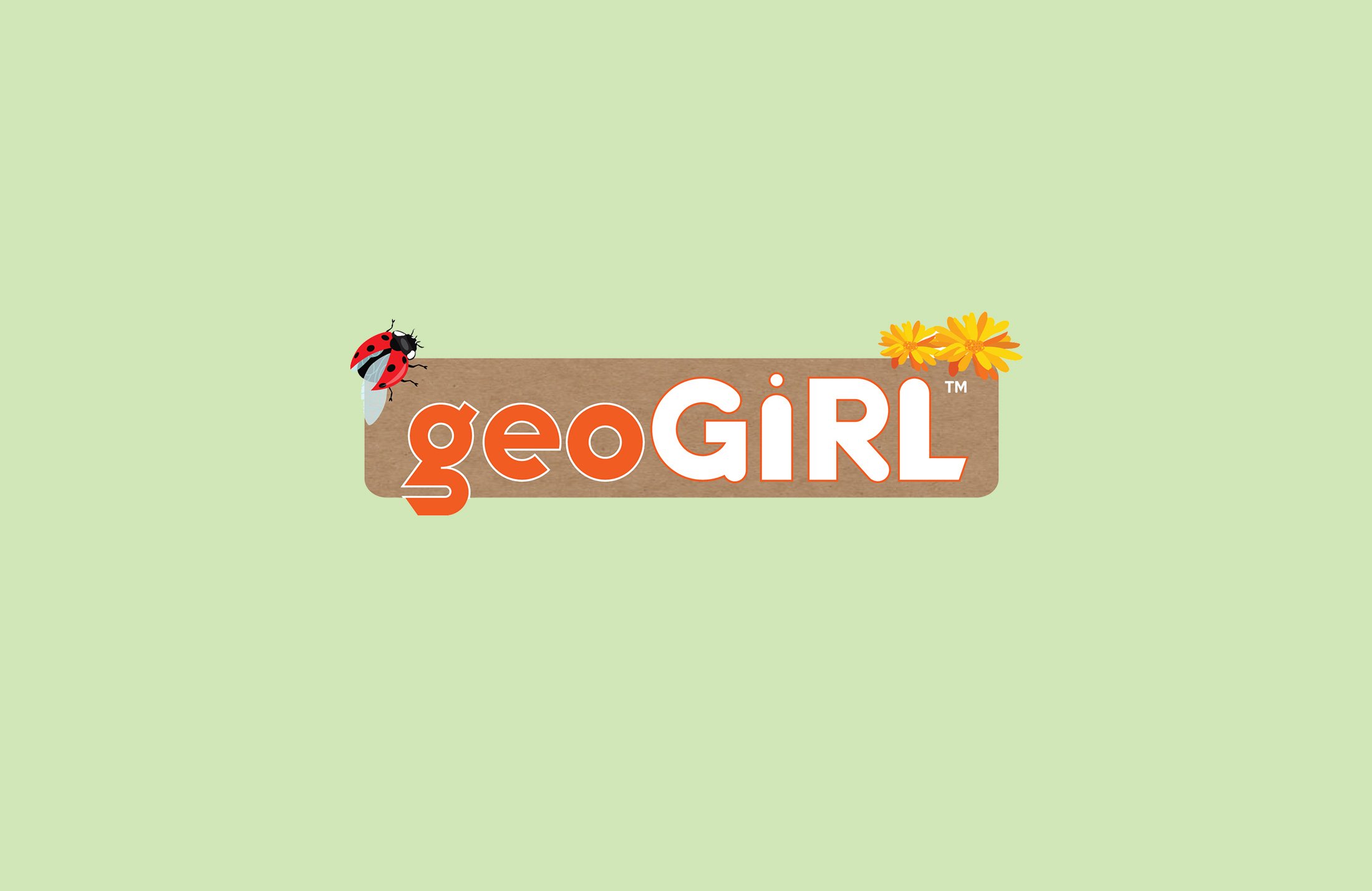 Logo of geoGIRL featuring a ladybug on the left, yellow flowers on the right, on a beige background with a light green backdrop.