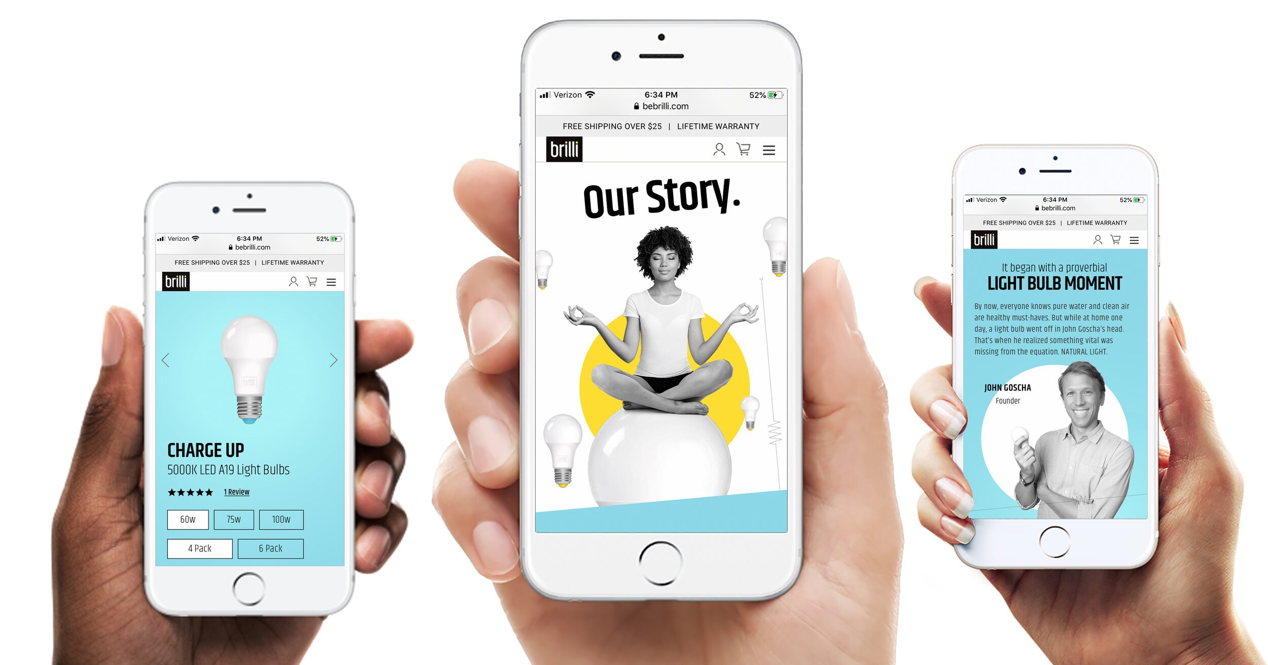 Three hands holding smartphones displaying a website about light bulbs, with images of light bulbs and a person meditating, and text about the brand's story and products.