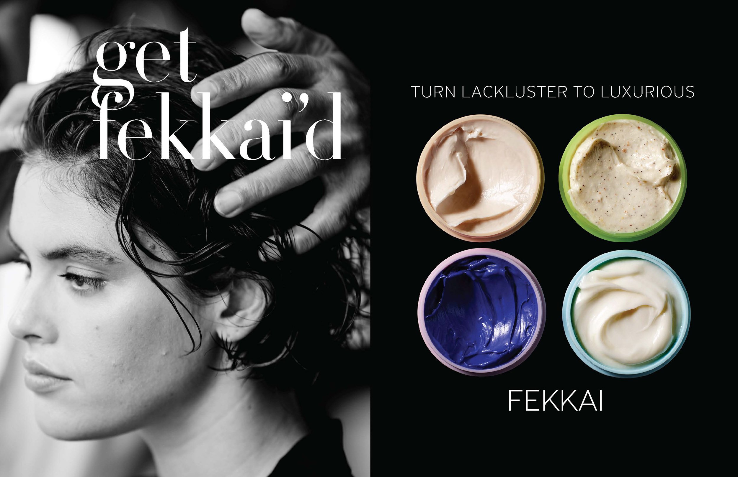 Black and white side profile of a woman with wet hair, with her hand on her head, alongside a color image of four colorful containers of hair styling products and the words 'get tekkid' and 'turn lackluster to luxurious'.