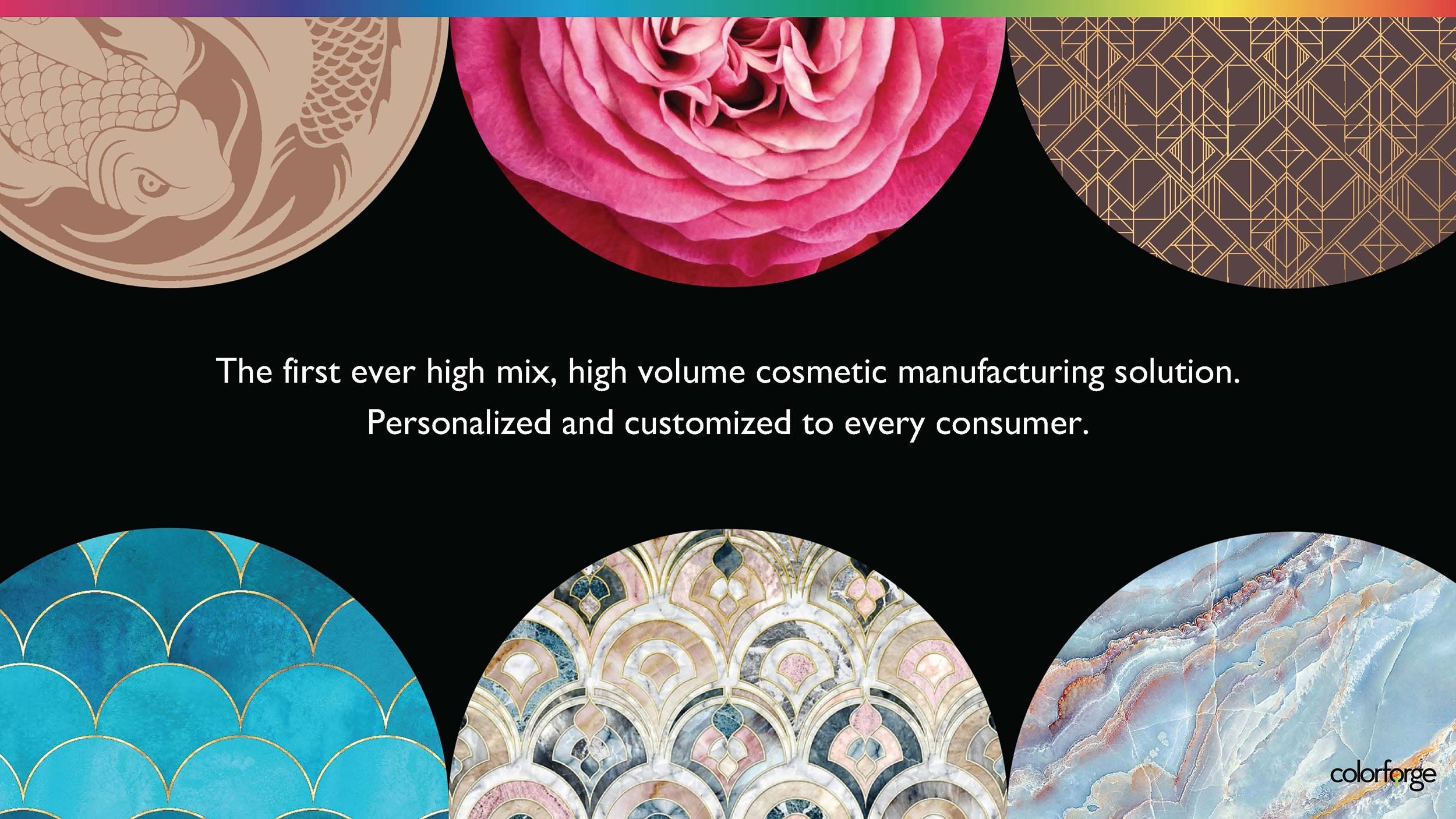 Black background with colorful circular patterns of various textures and designs, including floral, geometric, marble, and scales, surrounding white text about a high-volume cosmetic manufacturing solution.