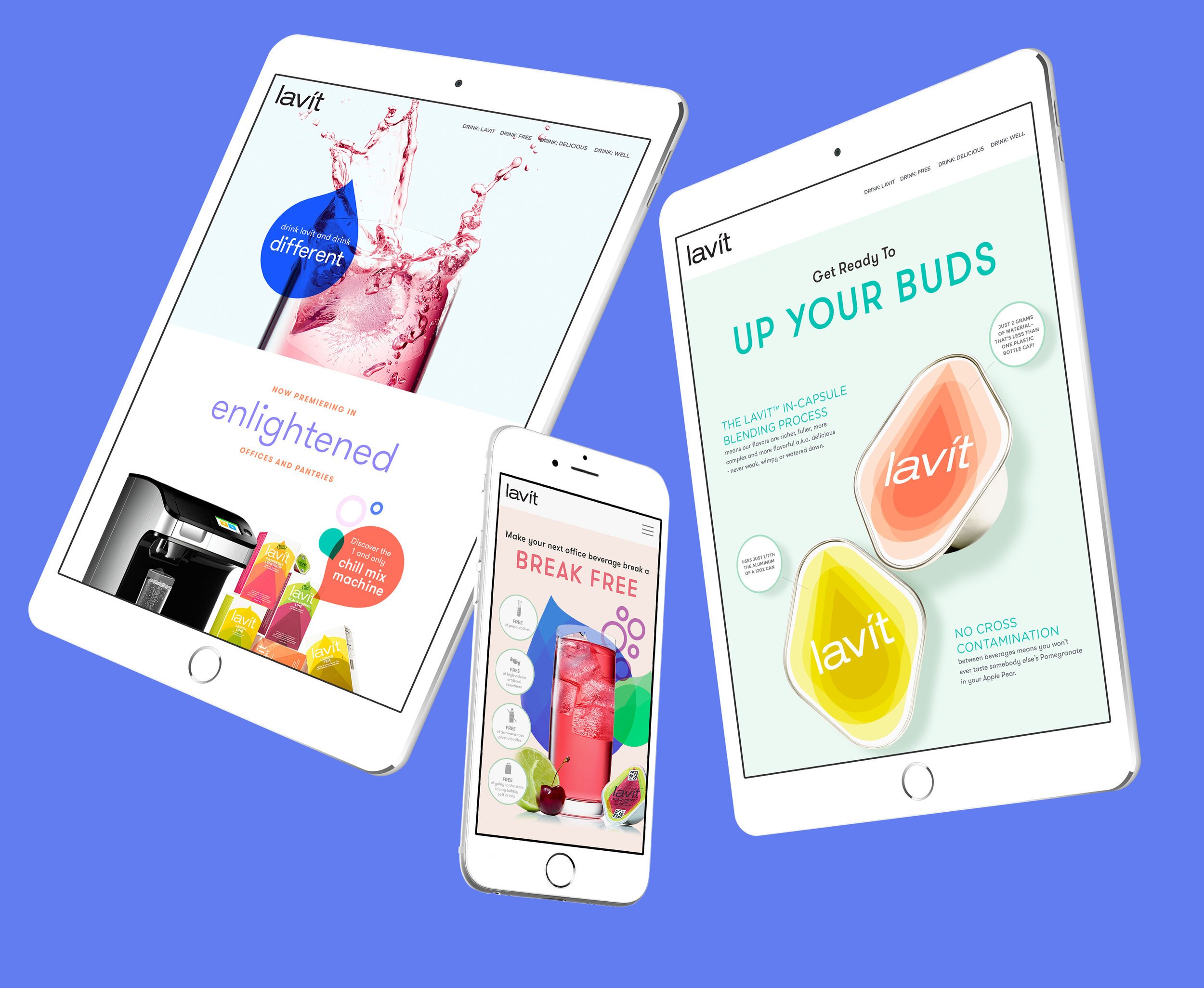 Three tablets and a smartphone display marketing ads for Lavit beverages, featuring colorful drink capsules and flavored drink products against a blue background.