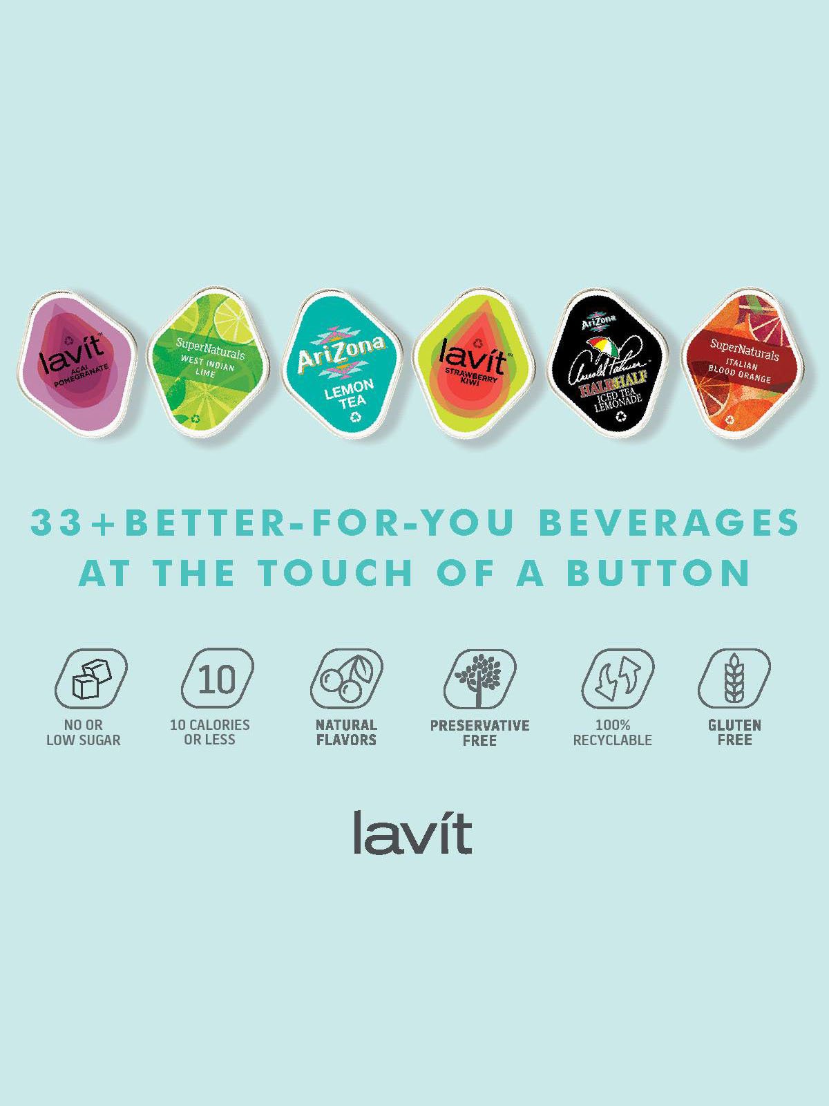 Collection of beverage bottle labels from Lavit, showing flavors like Pomegranate, Lime, Lemon Tea, Kiwi, Iced Tea Lemonade, Blood Orange; text highlights 33+ better-for-you beverages with features like no or low sugar, 10 calories or less, natural f