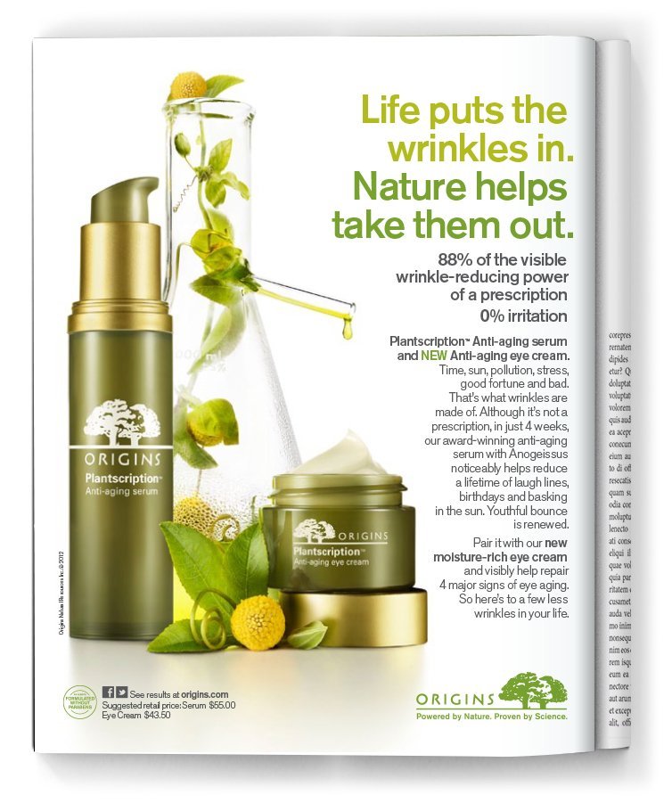 Magazine ad for Origins Plantscription anti-aging skincare products with a green and gold color scheme. Features bottles of serum and eye cream, with natural plant elements and text about reducing wrinkles and skin care benefits.