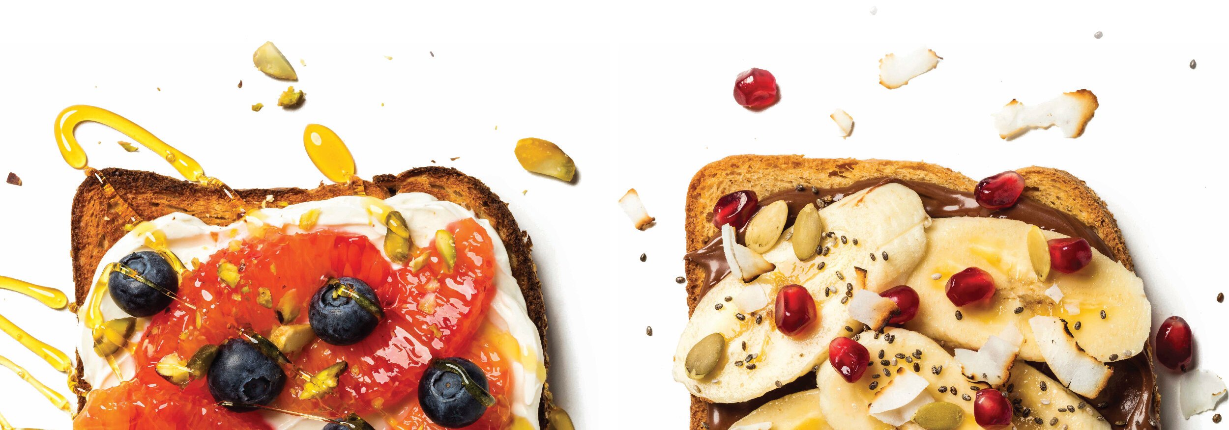 Two slices of toasted bread topped with various ingredients, including fruits, nuts, and spreads, on a white background.