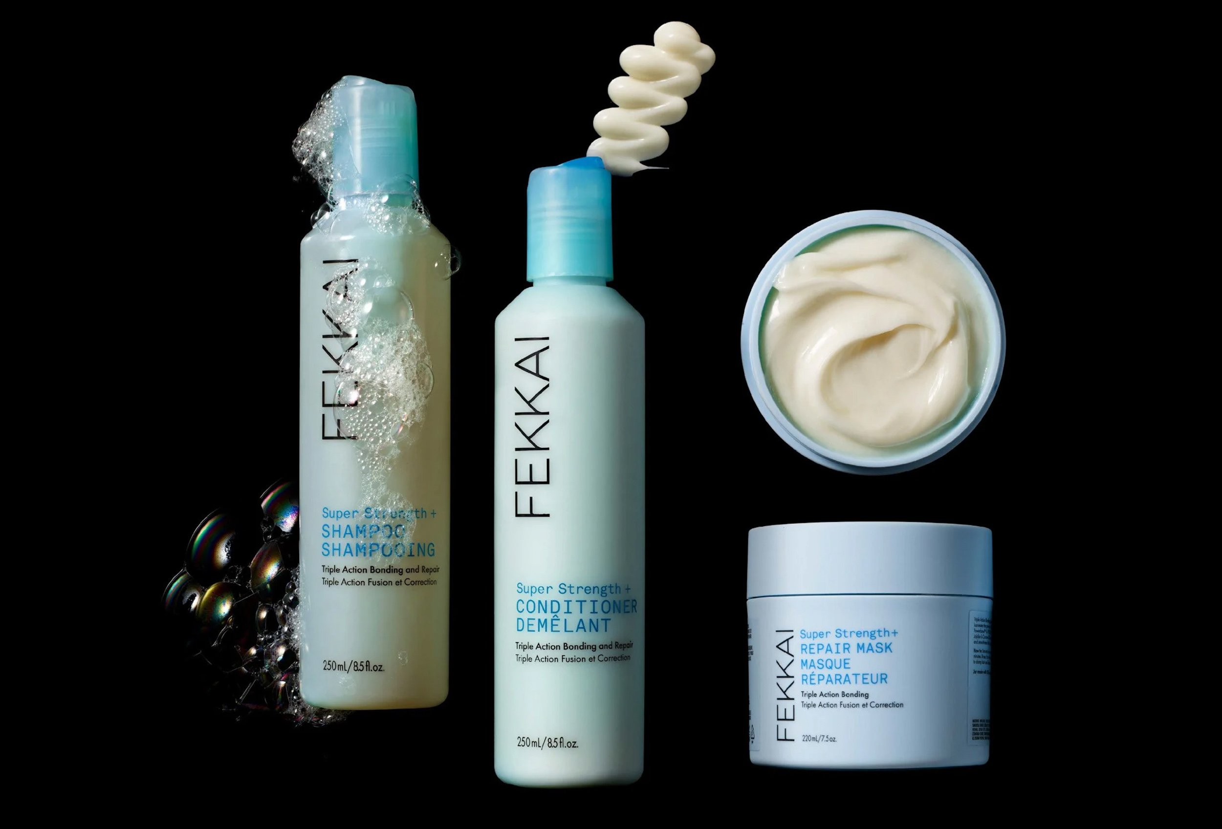 Fekkai hair care products including shampoo, conditioner, and repair mask on a black background with water bubbles and foam.