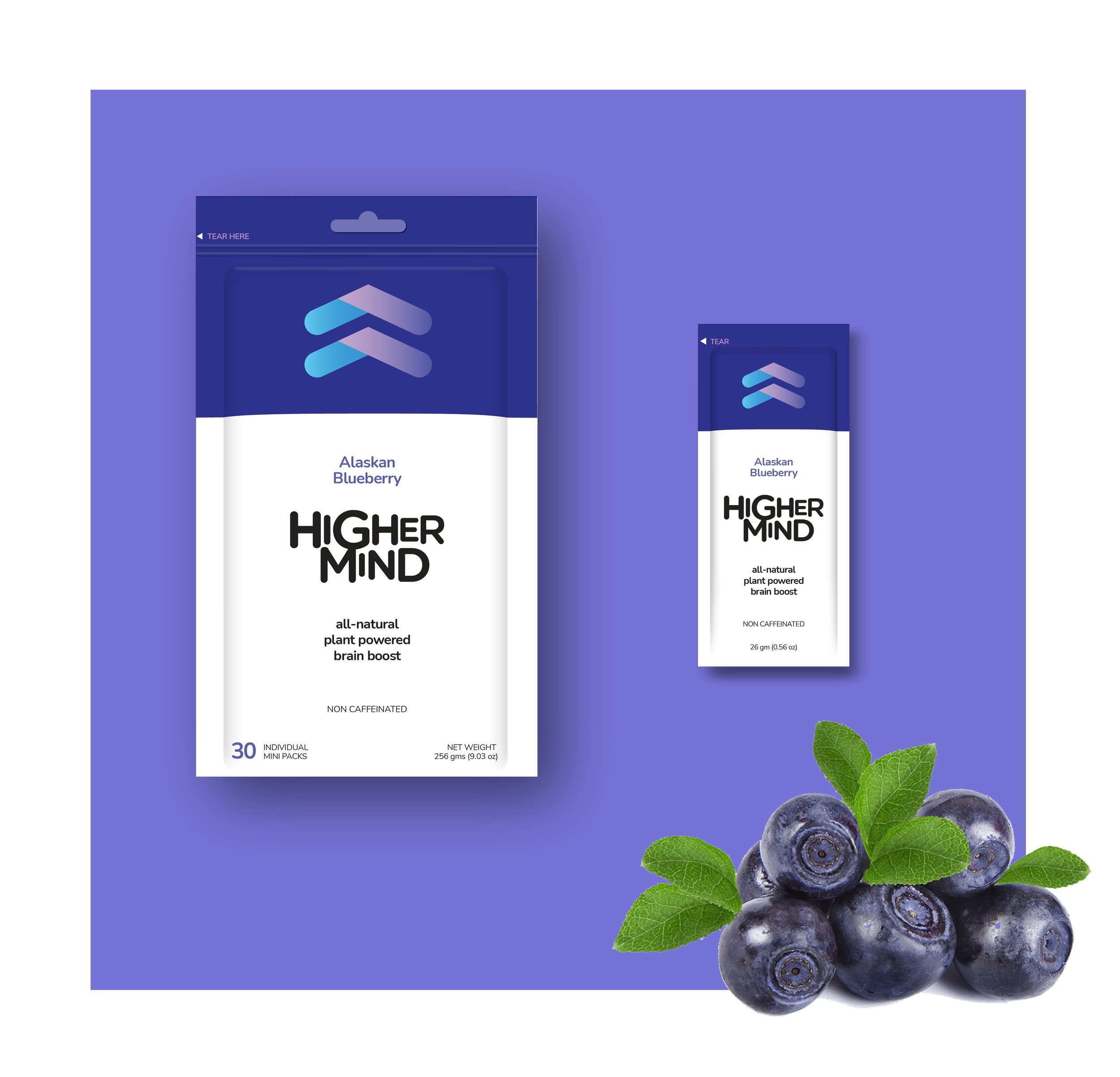 Blueberry health supplement packages with a cluster of blueberries and green leaves in the foreground, on a blue background.