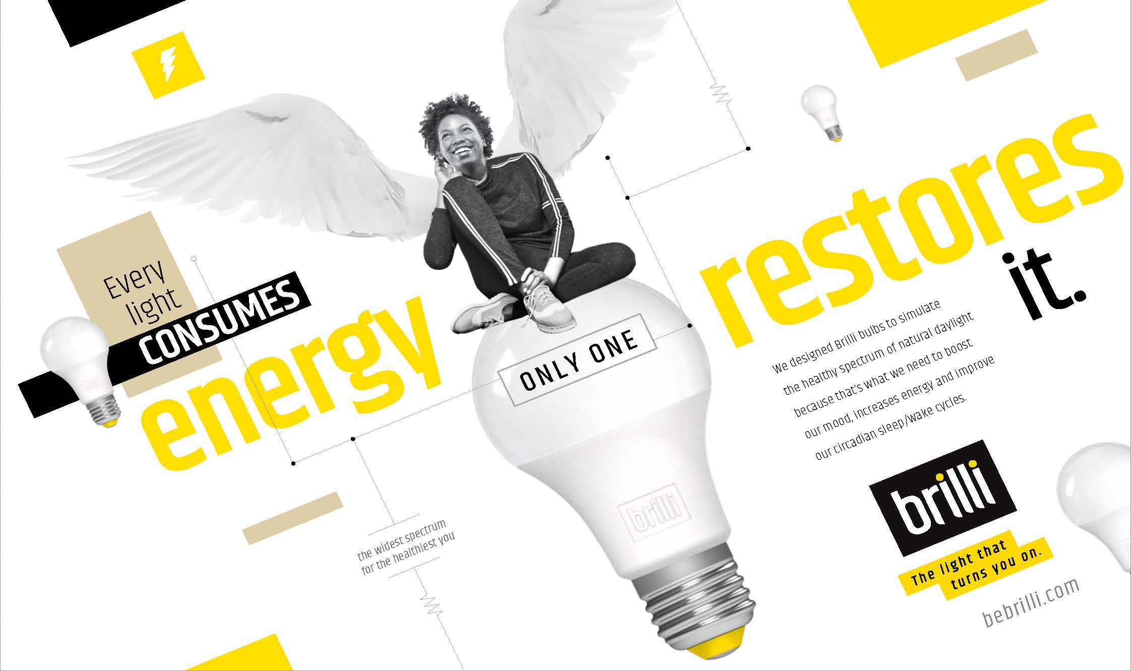 A promotional graphic for Brilli light bulbs, featuring a woman sitting on a large hanging light bulb with white feather wings, surrounded by smaller light bulbs and text highlighting energy consumption and natural daylight benefits.