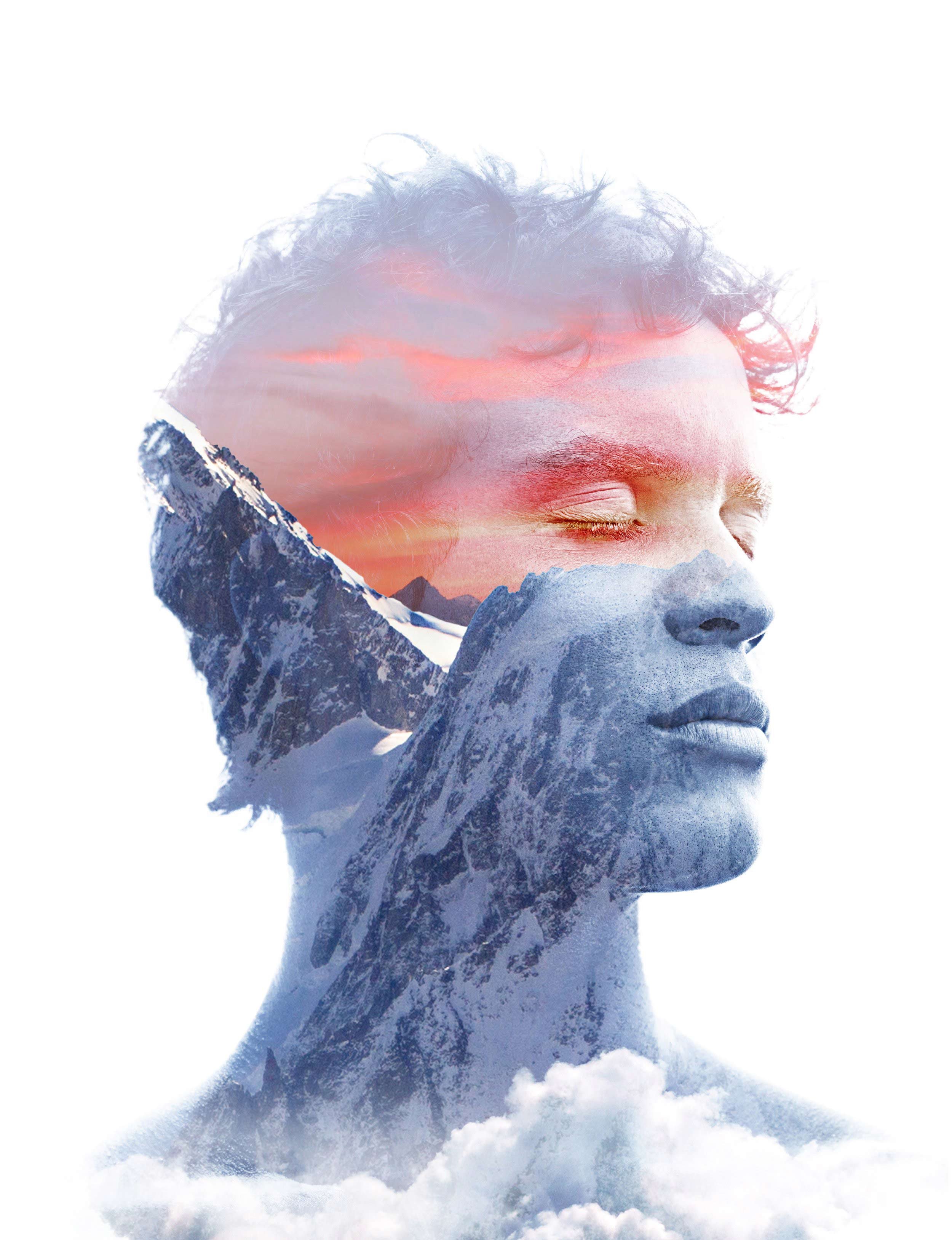 A double exposure image of a person's face with closed eyes and a snowy mountain landscape at sunset overlaid within the silhouette.