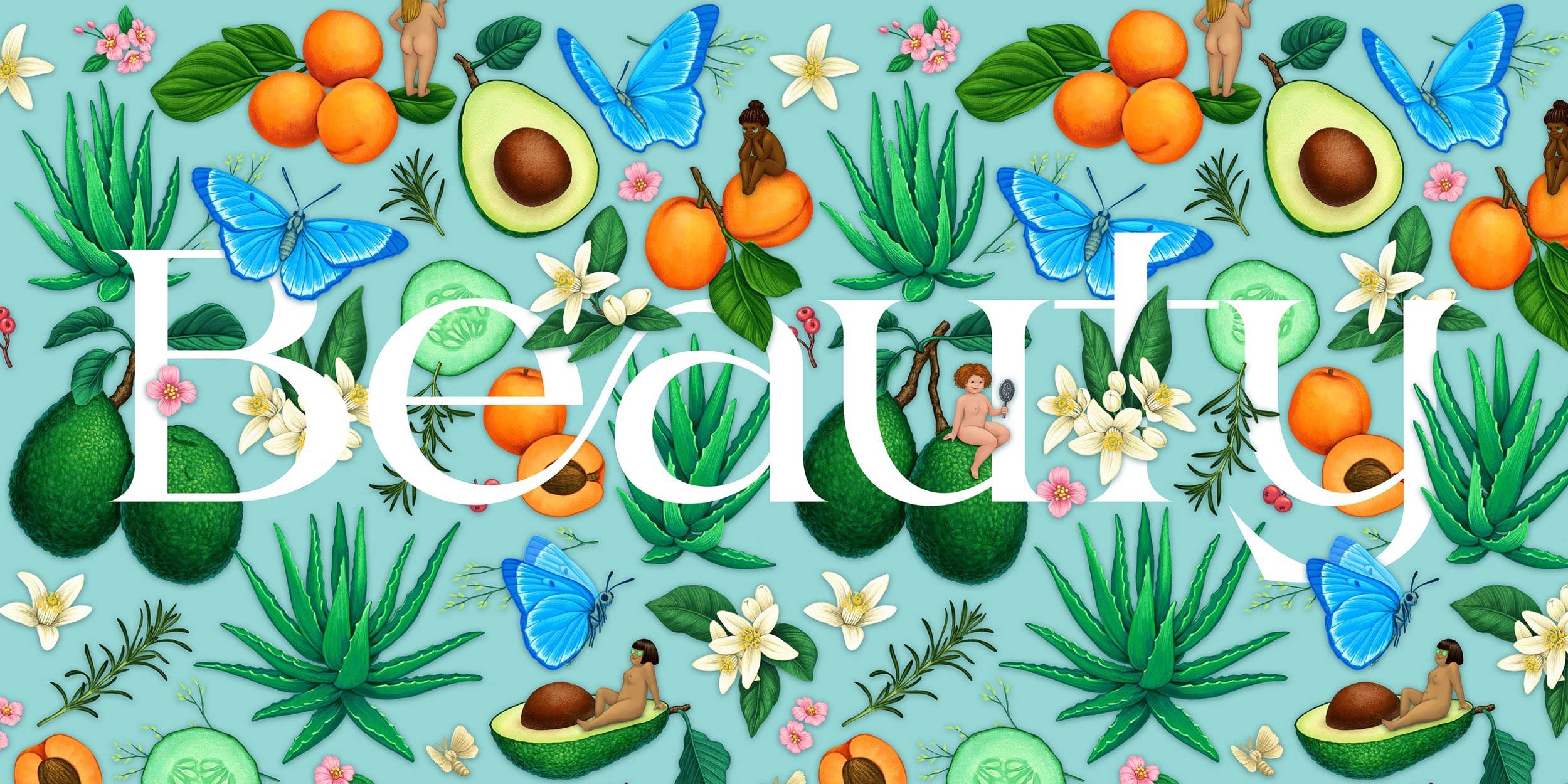 Pattern of avocados, oranges, aloe vera, cucumber, white lilies, pink flowers, red berries, blue butterflies, and small naked women sitting or standing on fruits and plants, with the word 'Beautiful' overlaid.