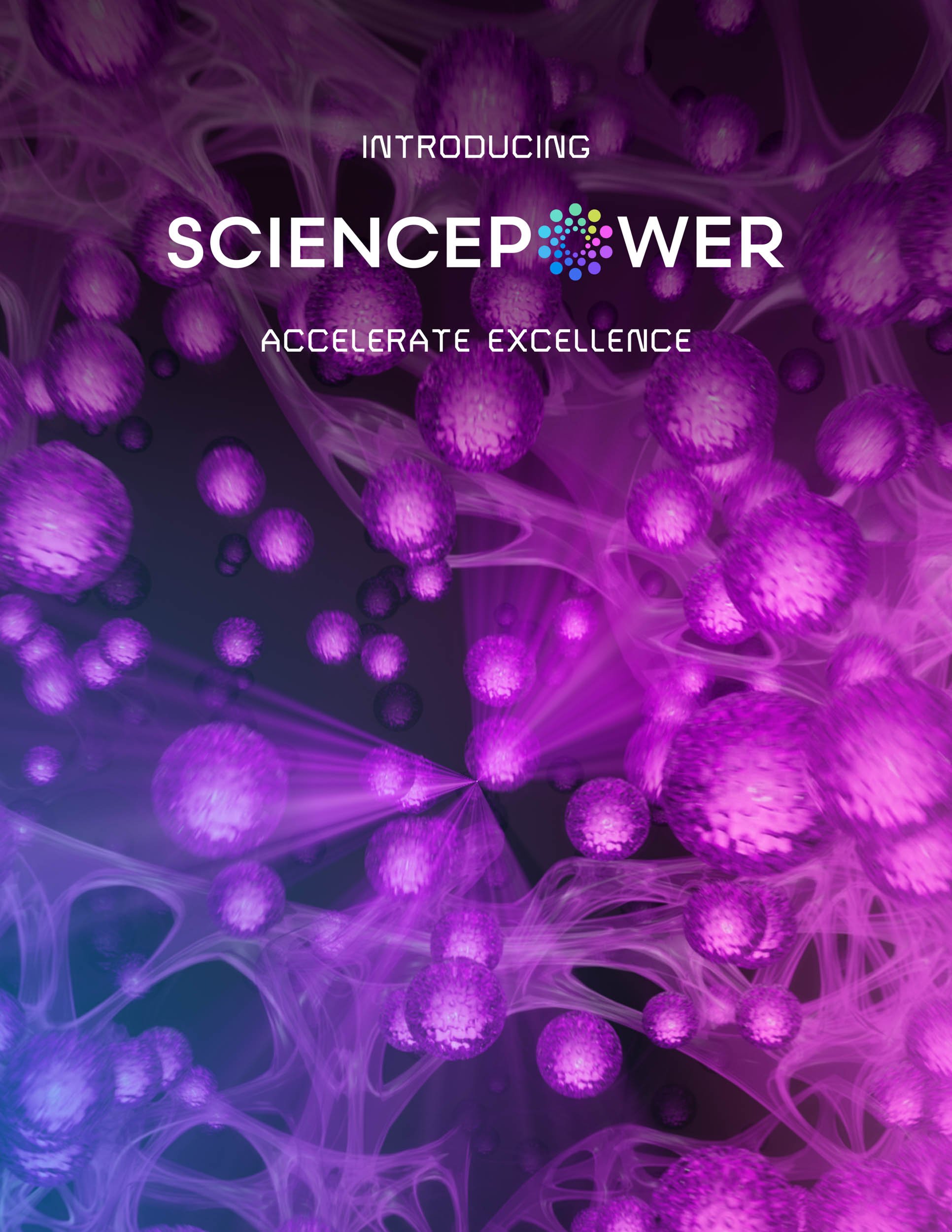 A digital illustration of purple spherical structures connected by glowing, web-like strands, with the text "Introducing SciencePower, Accelerate Excellence" overlaid.