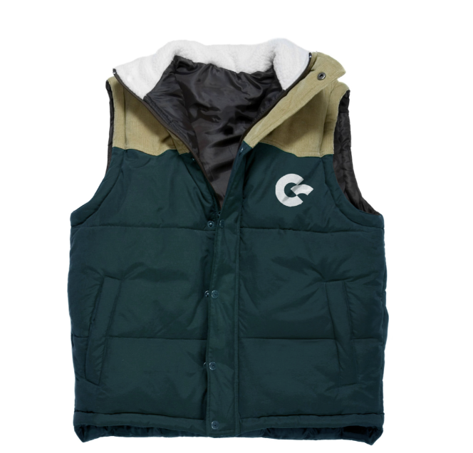 Green and beige puffy sleeveless jacket with hood and logo on chest