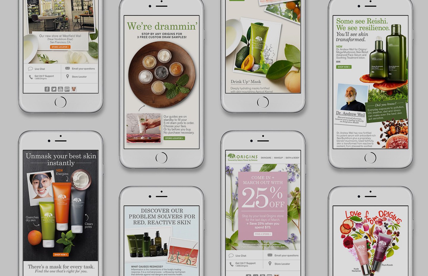 A collection of smartphone screens displaying skincare and beauty product advertisements and promotions from Origins and other brands.
