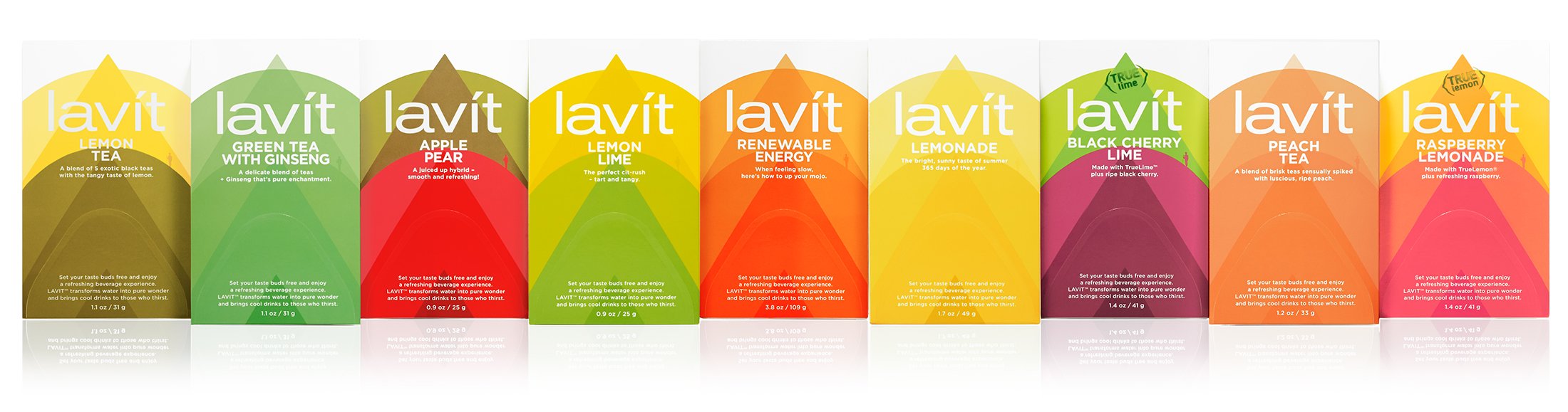 Collection of Lavit flavored tea bottles including Lemon Tea, Green Tea with Ginseng, Apple Pear, Lemon Lime, Renewable Energy, Lemonade, Black Cherry Lime, Peach Tea, and Raspberry Lemonade, arranged in a row.
