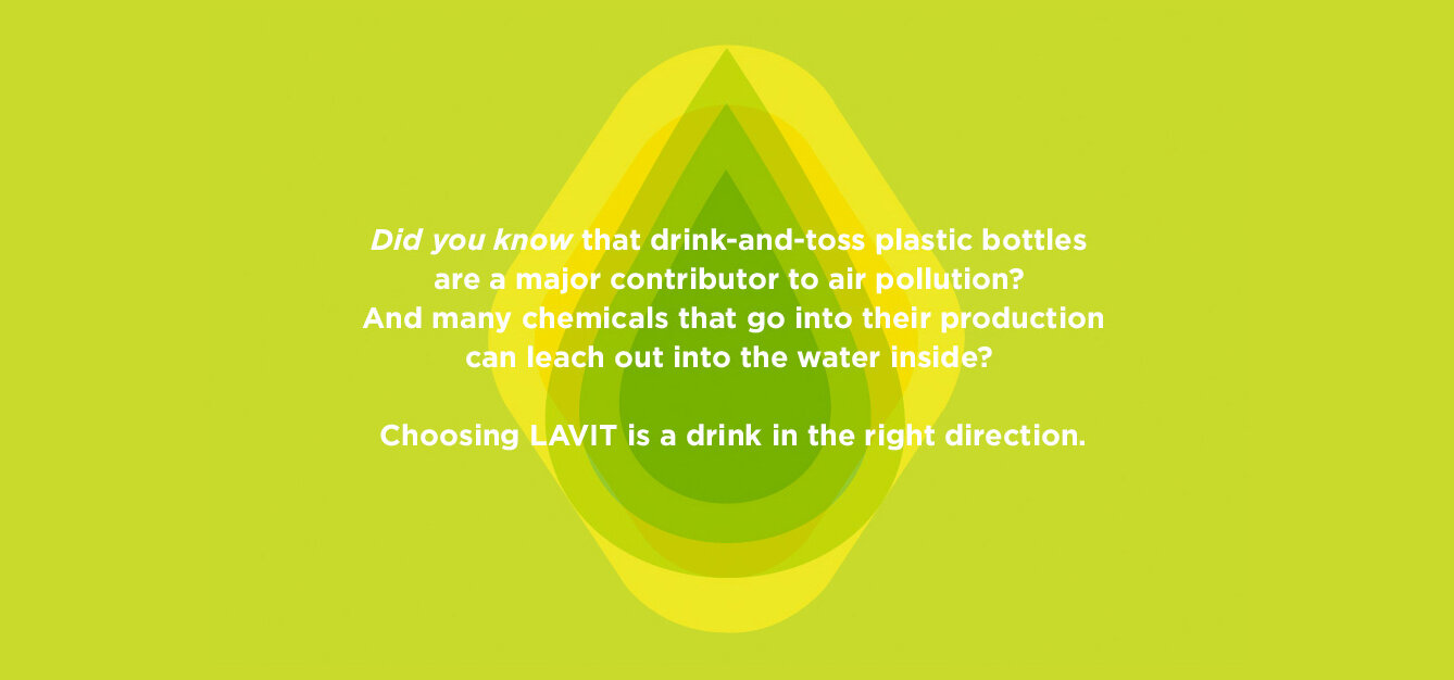 Green abstract background with white text about plastic bottles' impact on air pollution and water chemicals, promoting choosing LAVIT as a drink.