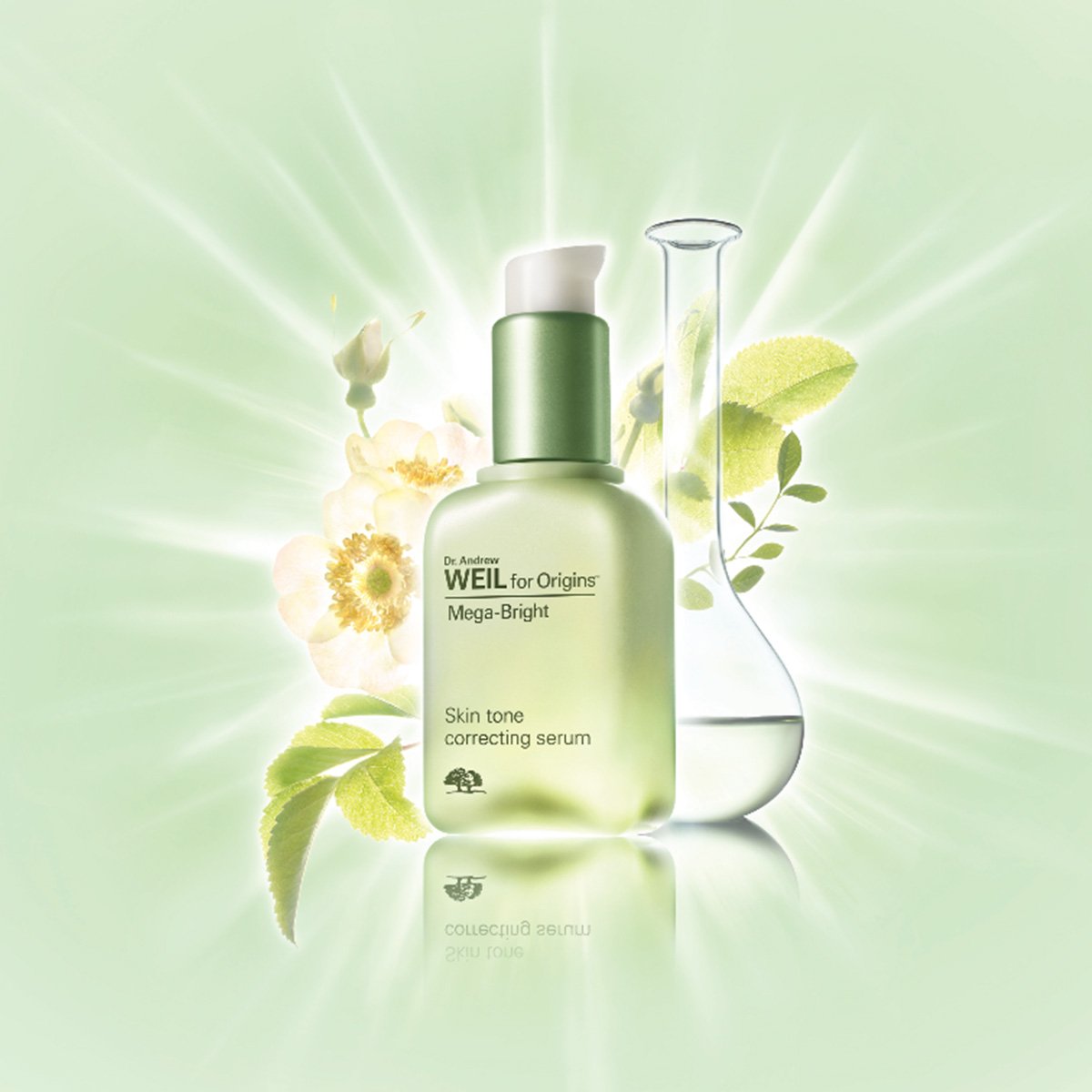 A green bottle of Dr. Andrew WEIL for Origins Mega-Bright Skin tone correcting serum with a white pump, surrounded by white flowers, green leaves, and a laboratory beaker, set against a glowing light green background.