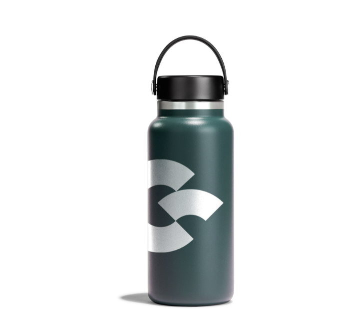 Dark green water bottle with a silver lid and black handle, featuring a silver geometric logo on the front.