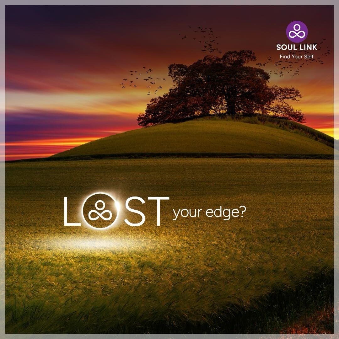A landscape scene at sunset with a large tree on a small hill and a flock of birds flying in the sky. Text overlay reads 'LOST your edge?' with the logo and slogan 'SOUL LINK Find Your Self' in the top right corner.