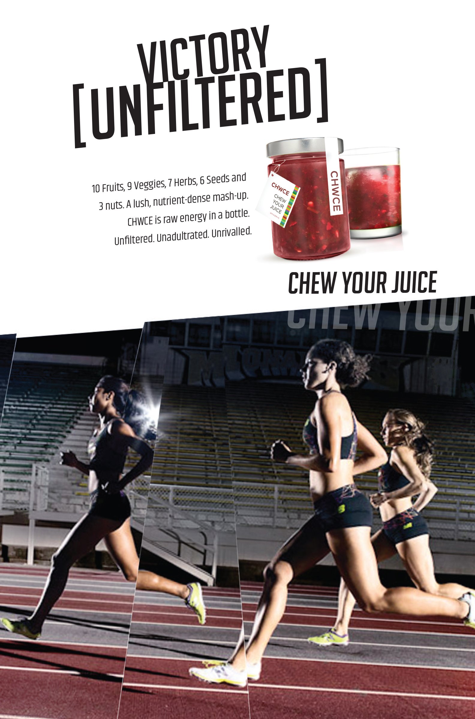 An advertisement for CHWCE juice featuring jars of juice with berries, and a photo of three women running on a track in a stadium.