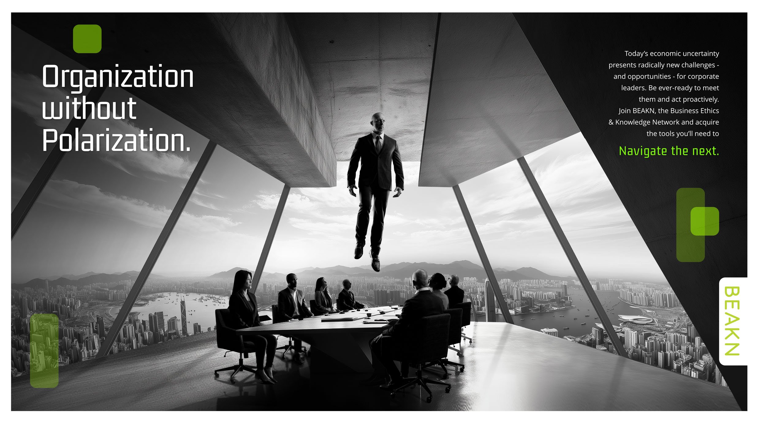 A man flying or levitating above a conference table with six seated professionals in a modern office skyscraper with a city view of buildings and mountains in the background.