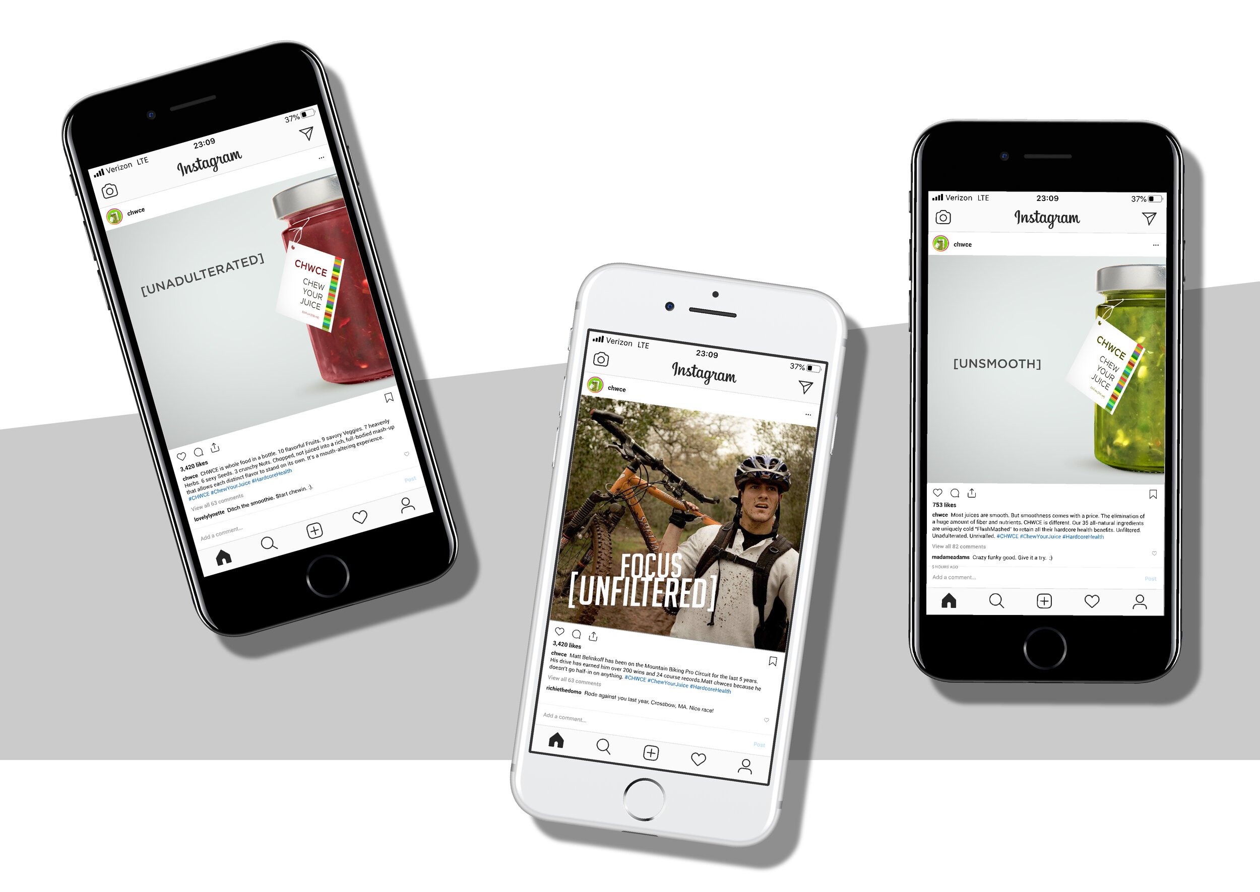 Three smartphones displaying Instagram posts: left shows a jar of red juice labeled 'UNADULTERATED,' center shows a man holding a mountain bike with the caption 'FOCUS [UNFILTERED],' right shows a jar of green juice labeled 'UNSMOOTH.'